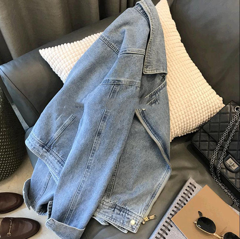 Fashion Motorcycle Lapel Long-sleeve Zipper Denim Jacket