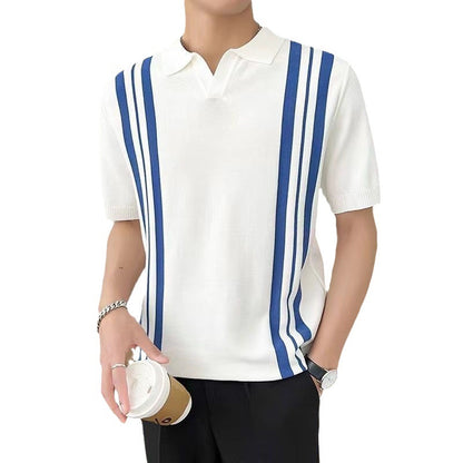 Men's Mixed Color Stripe Slim Lapel T-shirt